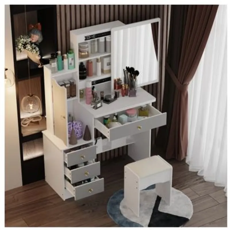 GENERICO - Tocador con Banqueta Moderno Gianina BlancoGris R&R MUEBLES