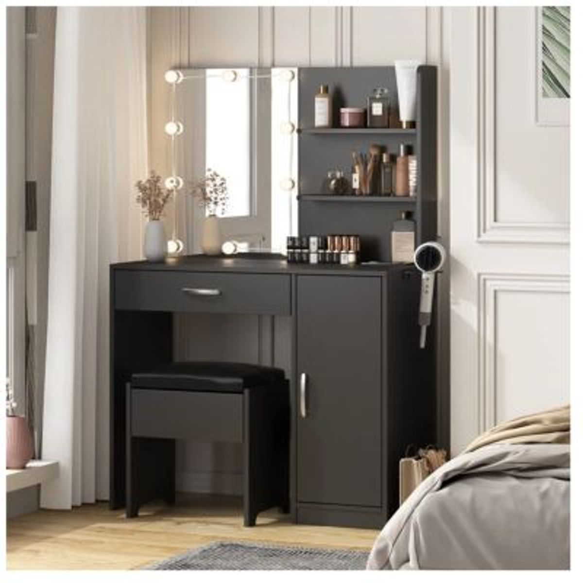 GENERICO - Tocador con Banqueta Moderno Stevan Negro R&R MUEBLES