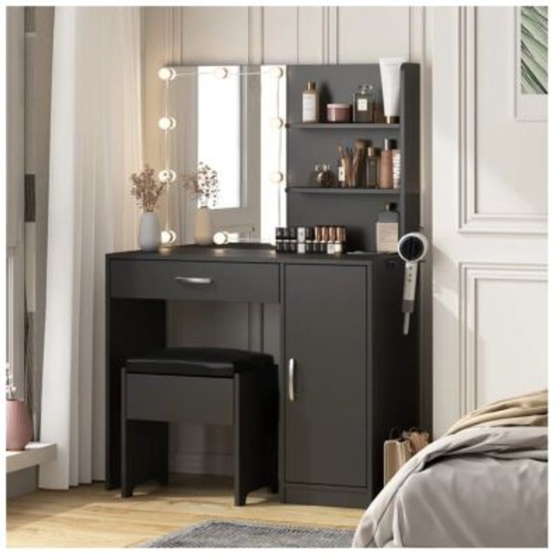 GENERICO - Tocador con Banqueta Moderno Stevan Negro R&R MUEBLES