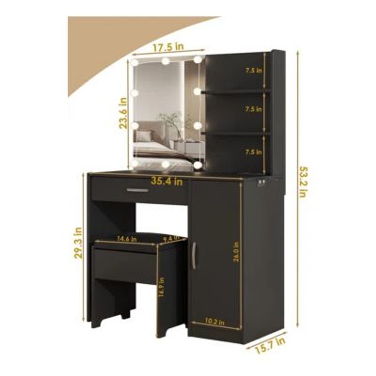 GENERICO - Tocador con Banqueta Moderno Stevan Negro R&R MUEBLES