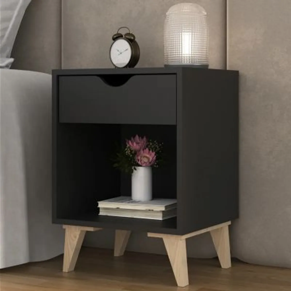 GENERICO - Velador Vintage Girona Negro 1 Cajón R&R MUEBLES