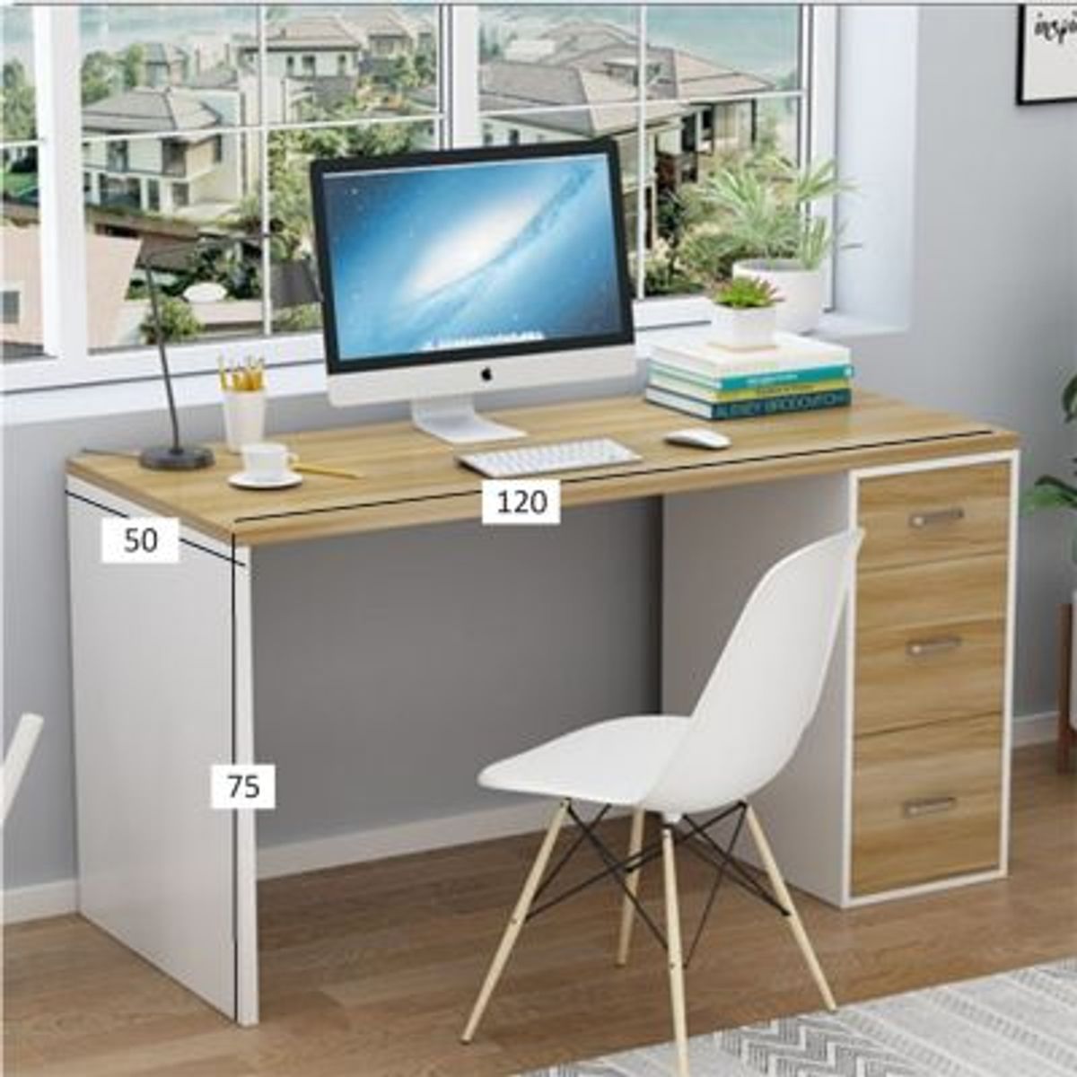 GENERICO - Escritorio Moderno Gary Marrón Claro - Blanco 3 Cajones R&R MUEBLES