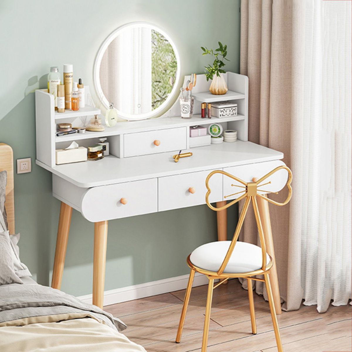 GENERICO - Tocador Vintage con Espejo Luz Led Cajamarca Blanco 100cm R&R MUEBLES