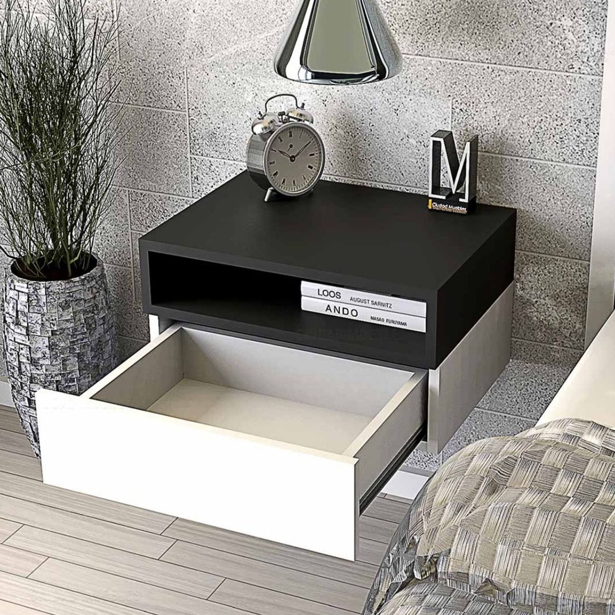 GENERICO - Velador Moderno Flotante Farin Negro y Blanco R&R MUEBLES