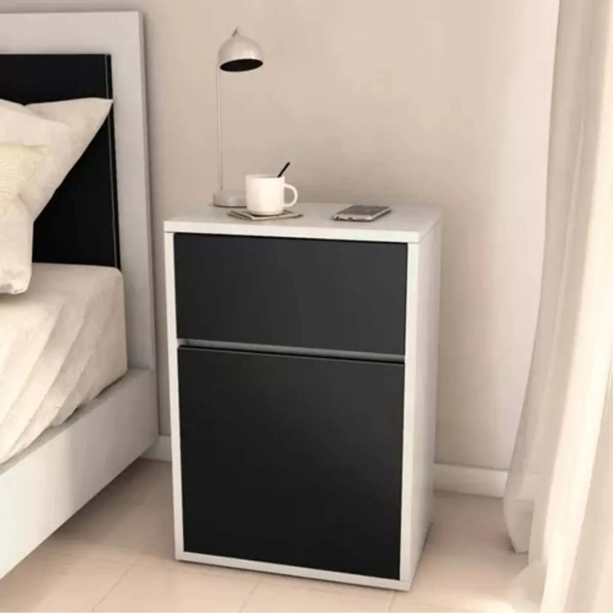 GENERICO - Velador con Zapatera Moderna Natie Blanco con Negro R&R Muebles