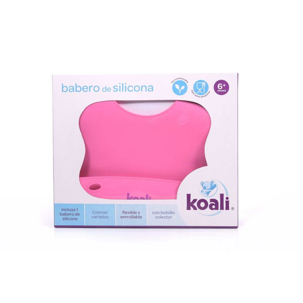 KOALI - Babero Bebe de Silicona Rosado con Bolsillo Recolector
