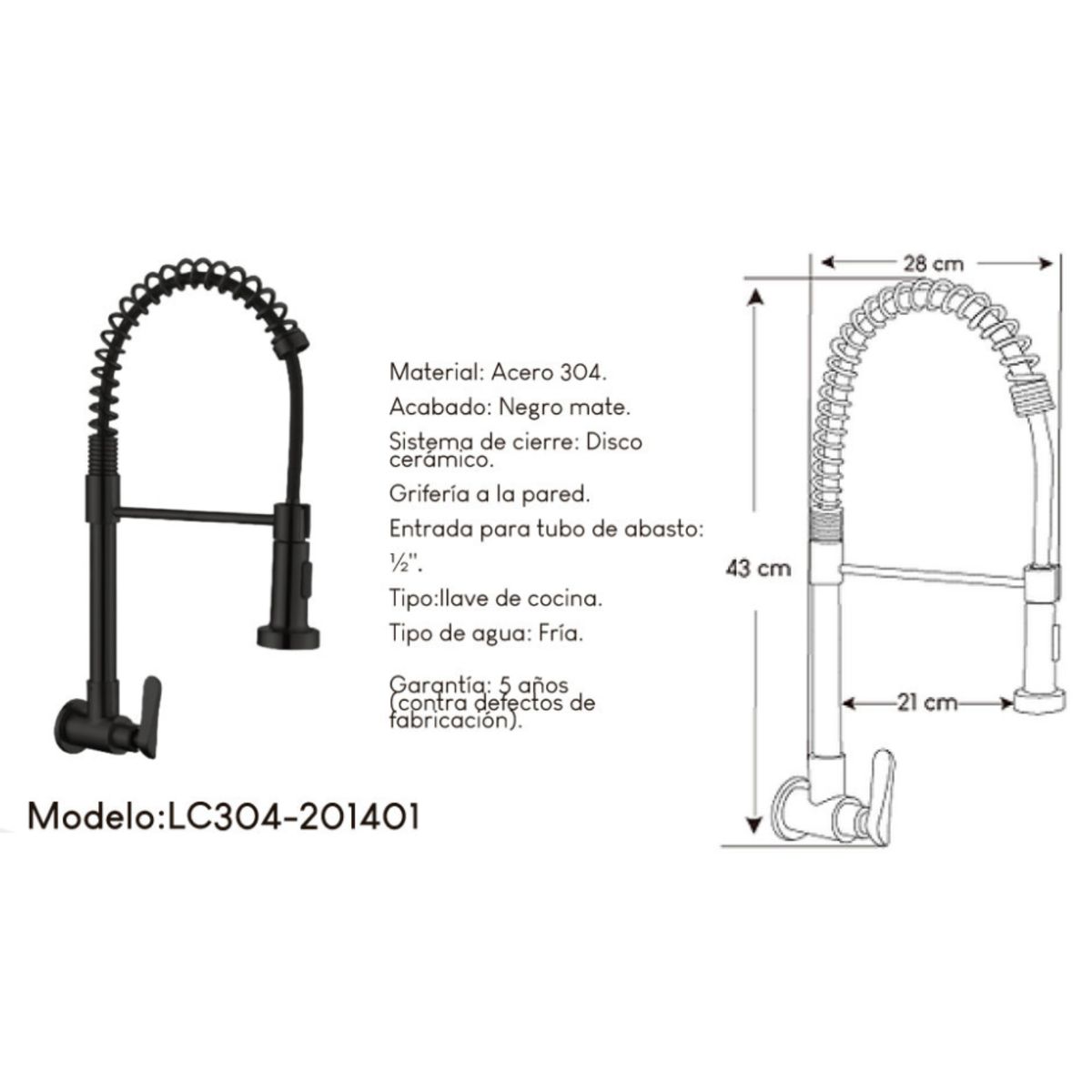 GENERICO - Llave Ganso de Lujo Para Cocina en Acero Inoxidable 304 Negro Mate