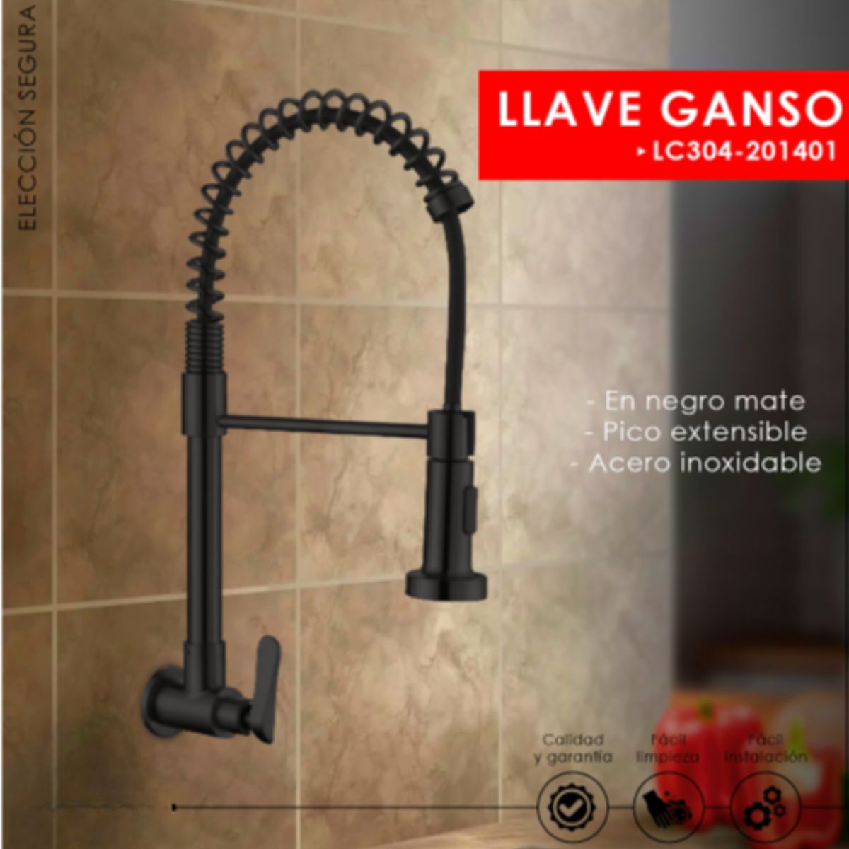 GENERICO - Llave Ganso de Lujo Para Cocina en Acero Inoxidable 304 Negro Mate