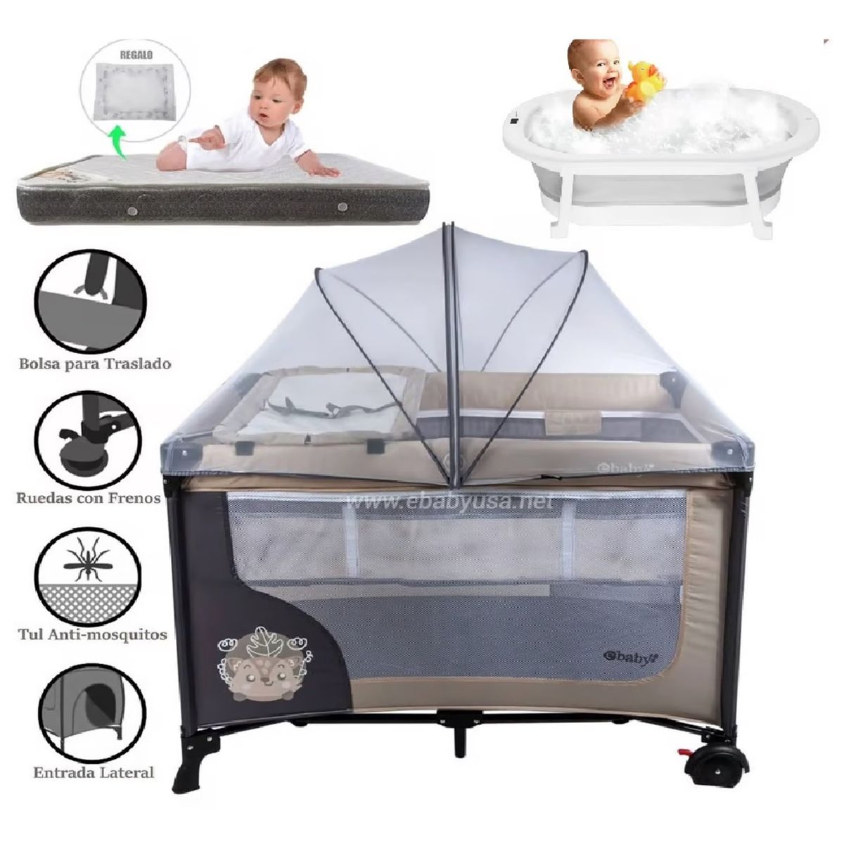 EBABY - Cuna Corral Ebaby Dream +Tina Plegable+ Colchón Gris