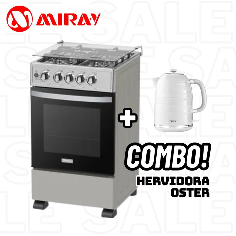 MIRAY - COCINA DE PIE MIRAY A GAS 4 HORNILLAS CROMA - RUBI PLUS + HERVIDOR OSTER BLANCO