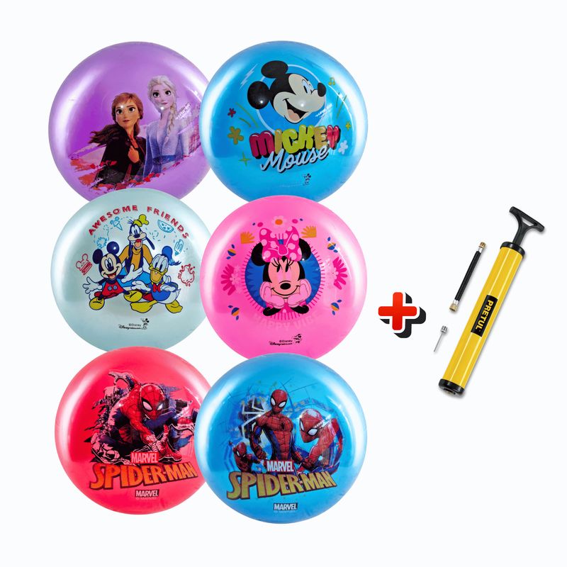 DISNEY - Pack 6 Pelotas Recreativas Disney Niños Niñas + Inflador