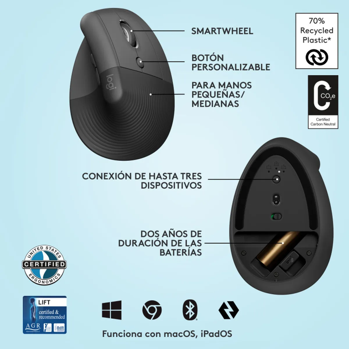 LOGITECH - Mouse inalámbrico Lift  Vertical