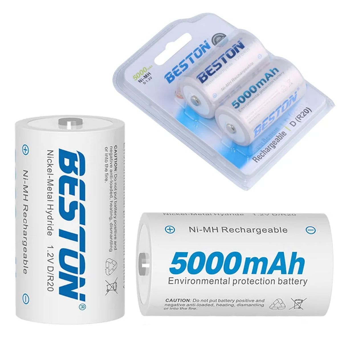 BESTON - 2 Baterias de NiMH recargable Tipo D pilas 1.2V 5000mAh BESTON Ni-MH
