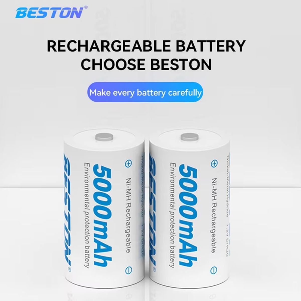 BESTON - 2 Baterias de NiMH recargable Tipo D pilas 1.2V 5000mAh BESTON Ni-MH