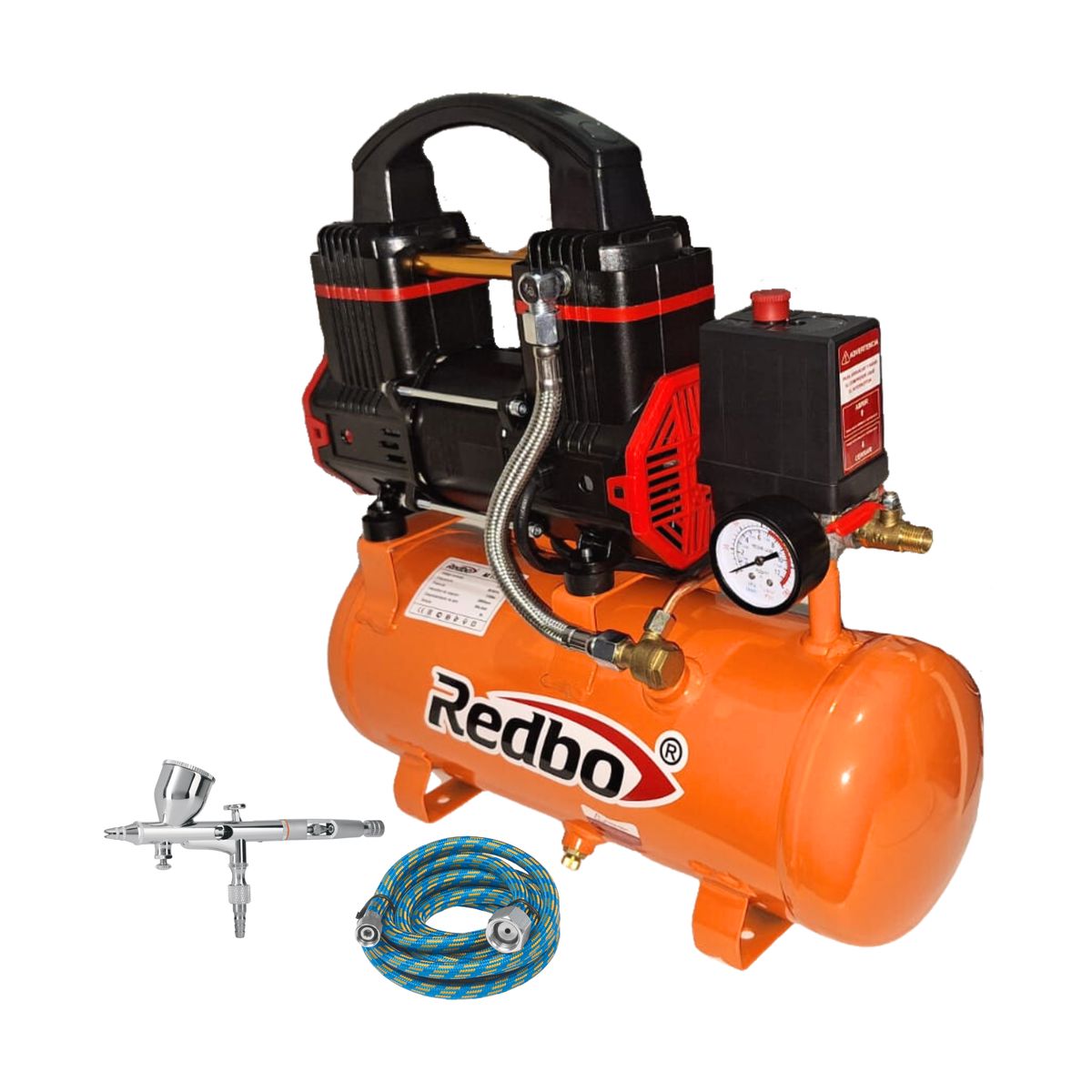 REDBO - Compresora silenciosa 9L Redbo + aerografo y manguera Truper