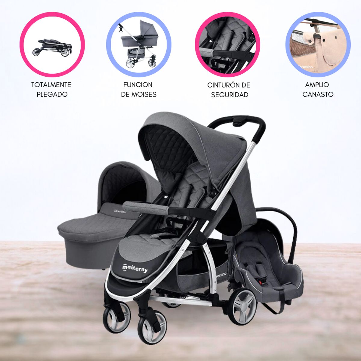 CARESTINO - Coche de Paseo con Accesorios «LONDON» Gris