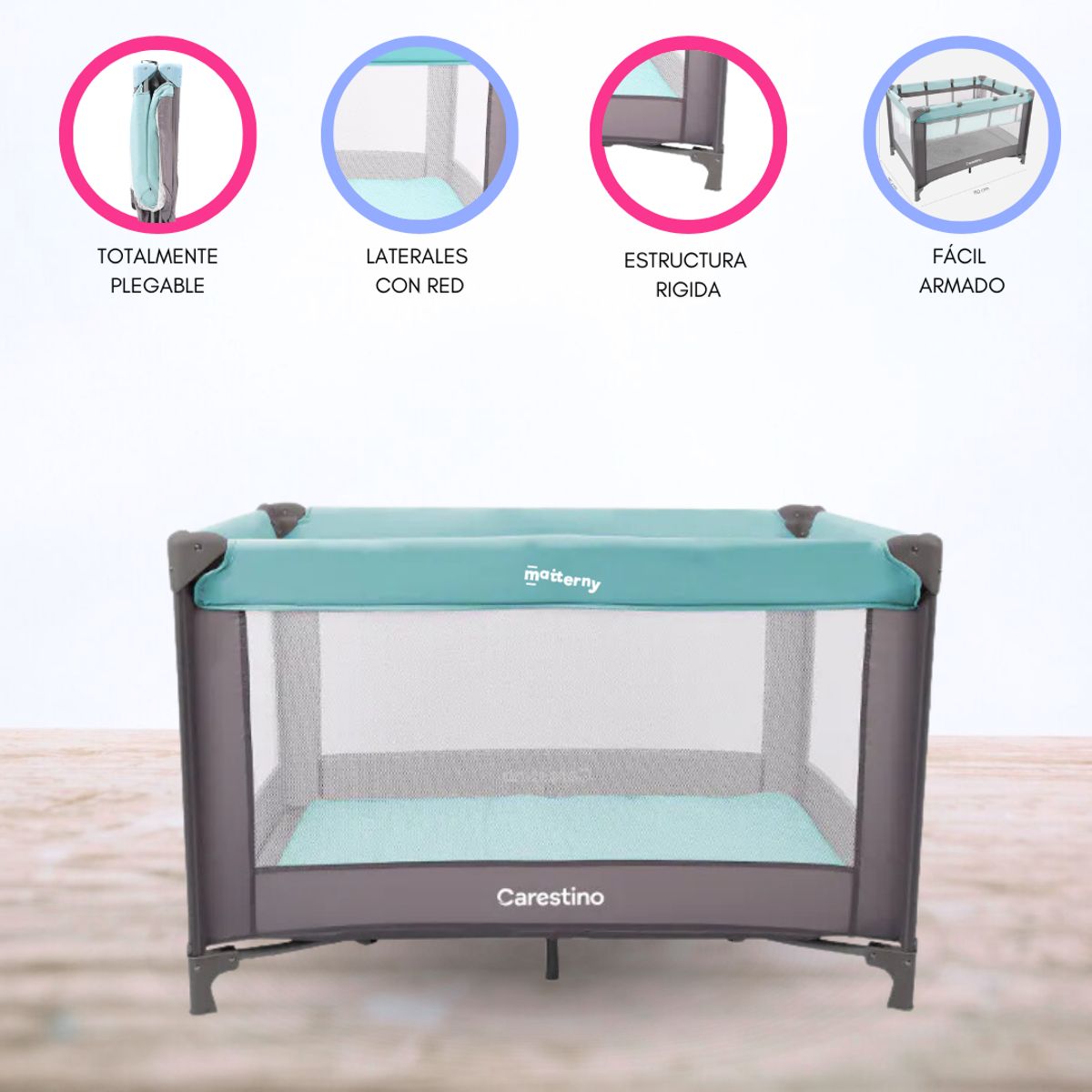 CARESTINO - Cuna Corral Plegable «NIZA» Aguamarina