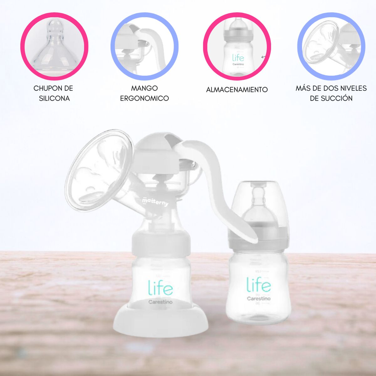 CARESTINO - Extractor de leche Manual con mamadera «LIFE» Gris