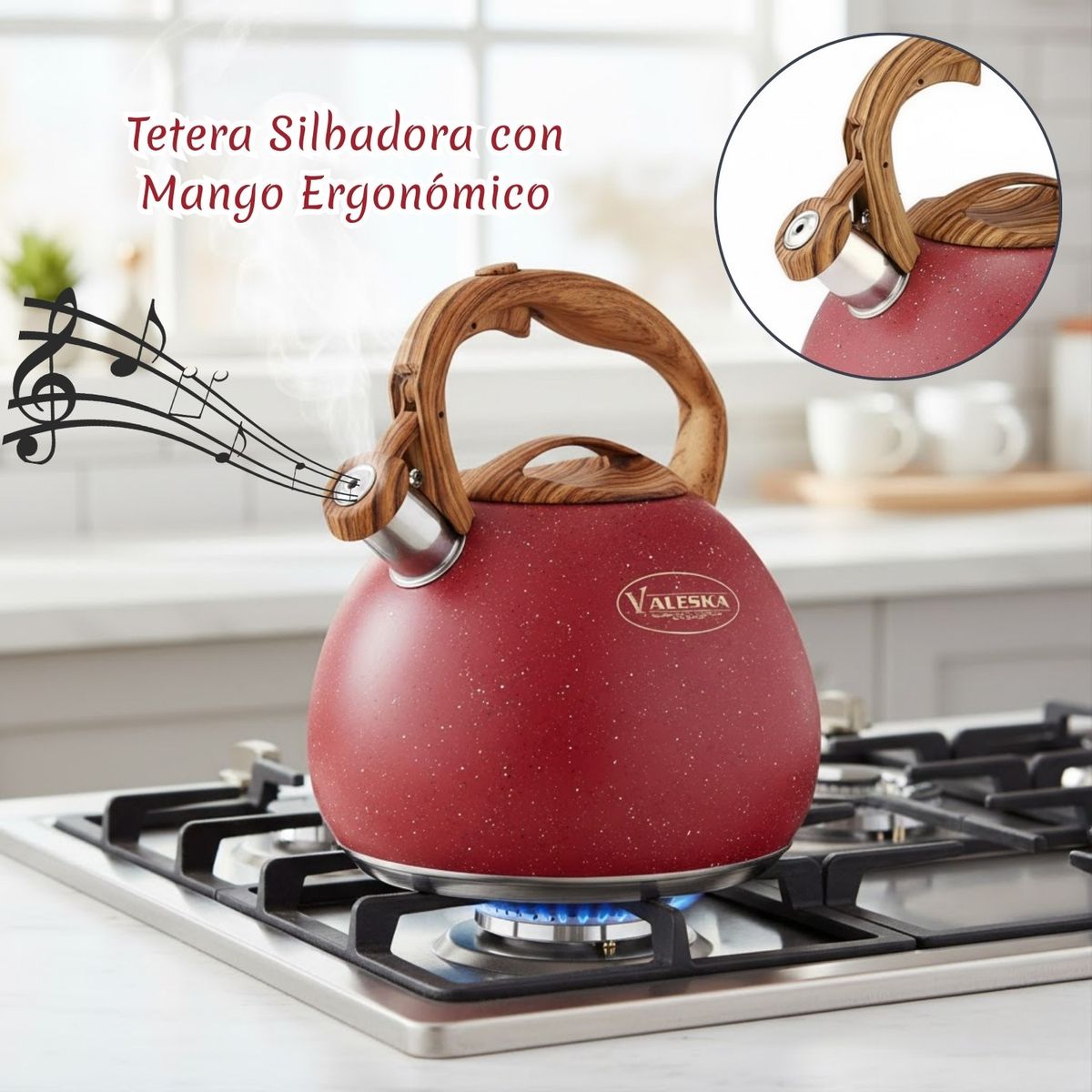 VALESKA - Tetera Silbadora Acero Inoxidable Valeska Acabado Granito 5L Rojo