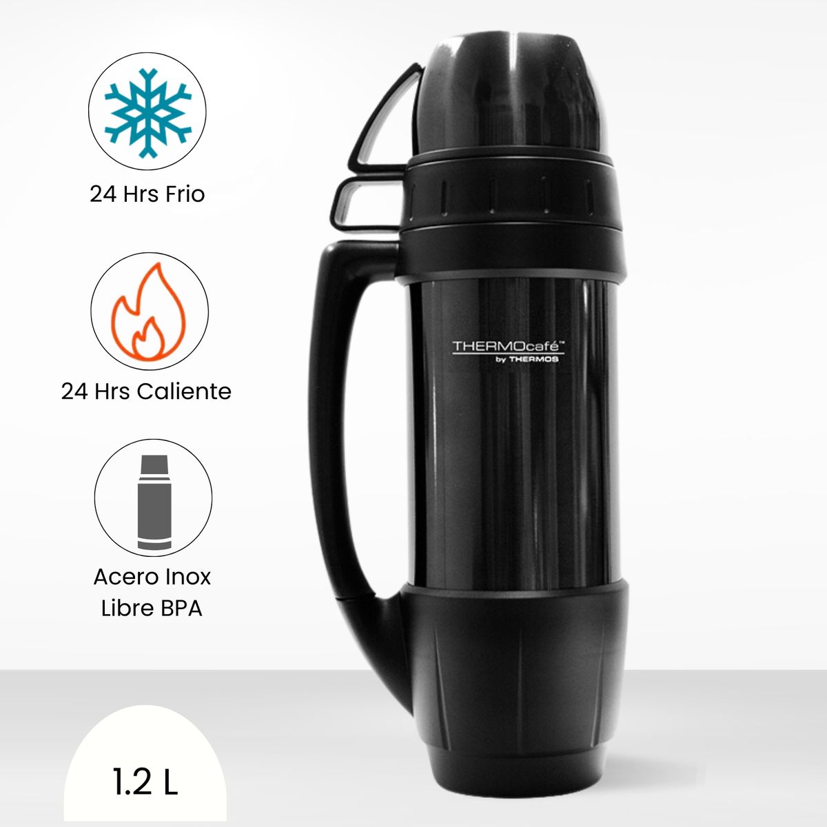 THERMOS - Termo de Bebida con 2 Taza 1.2l Negro