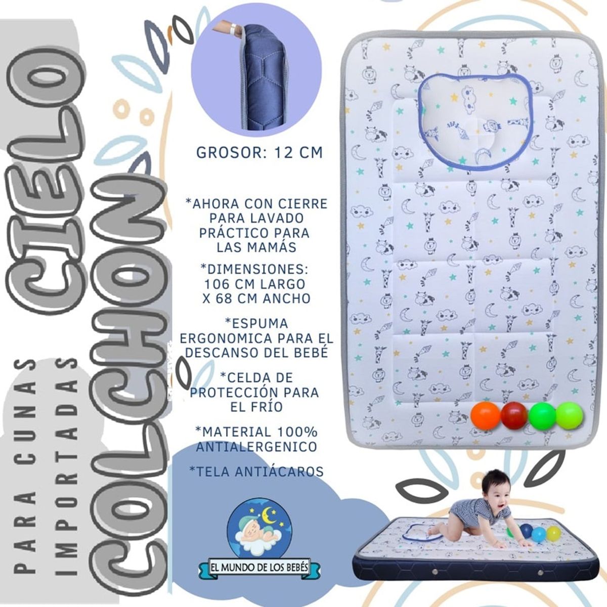 GENERICO - Colchón de cuna Cielo de 12 cm Azul 106 x 68cm