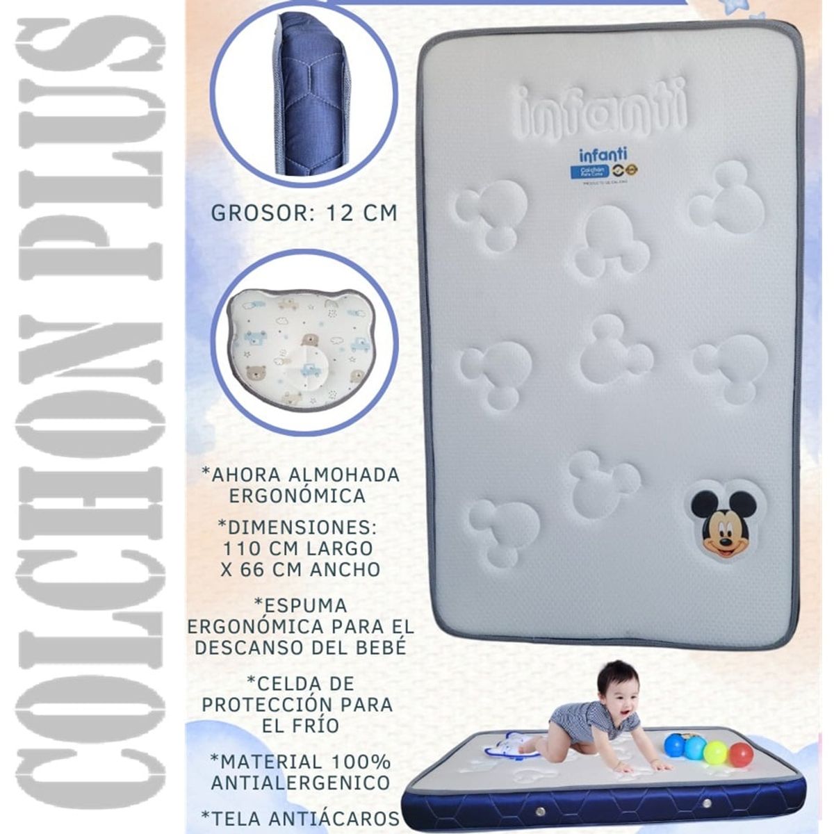 GENERICO - Colchón Plus para Bebé bordes Animado  Azul 110x66cm