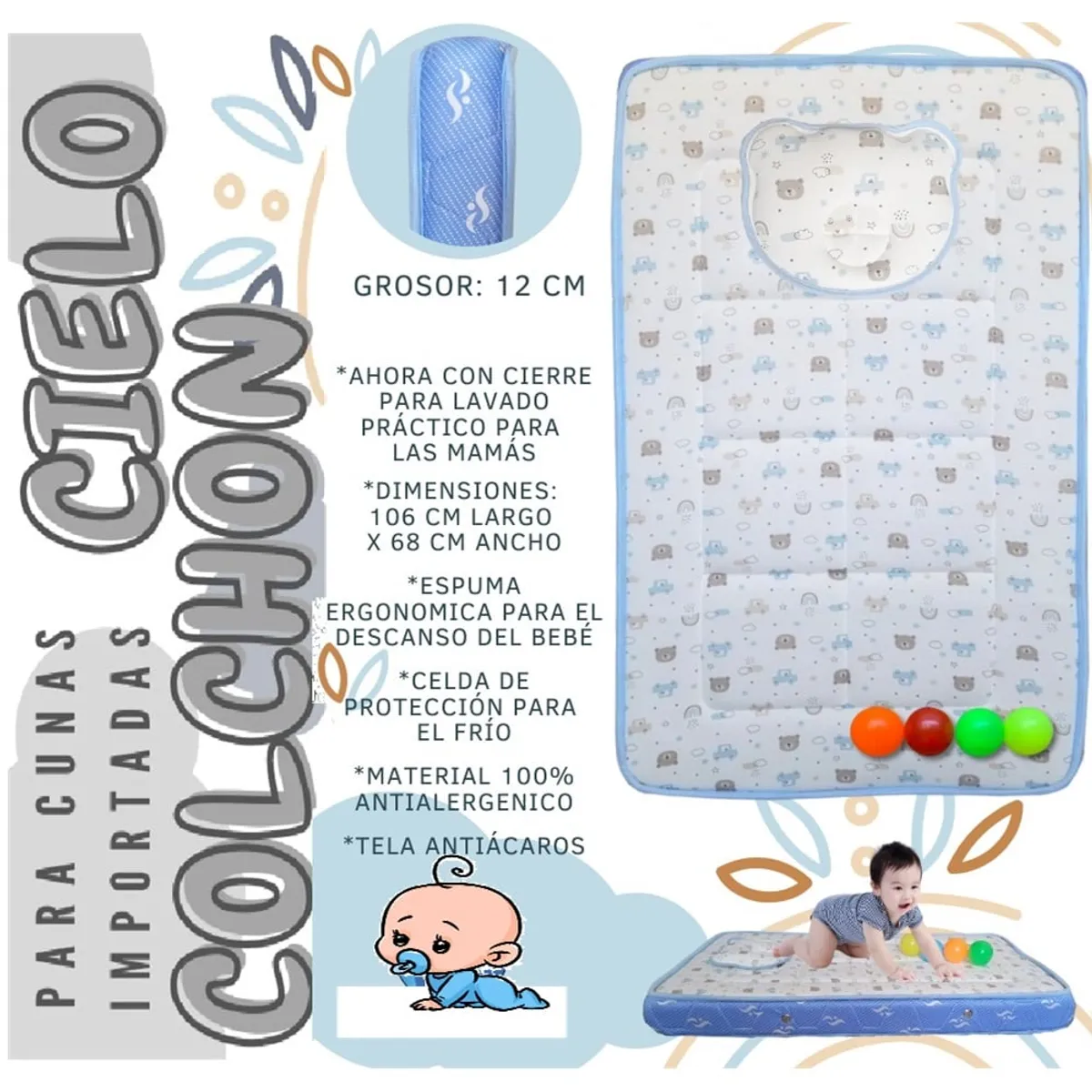 GENERICO - Colchón para Cuna Nido Bebé Cielo 106 x 68 Cm Ergonómico Antialérgico