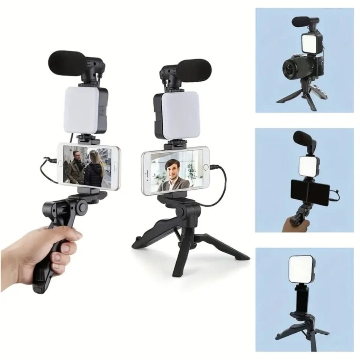 GENERICO - Microfono con Luz Led Recargable Mini Tripode para Celular Camara