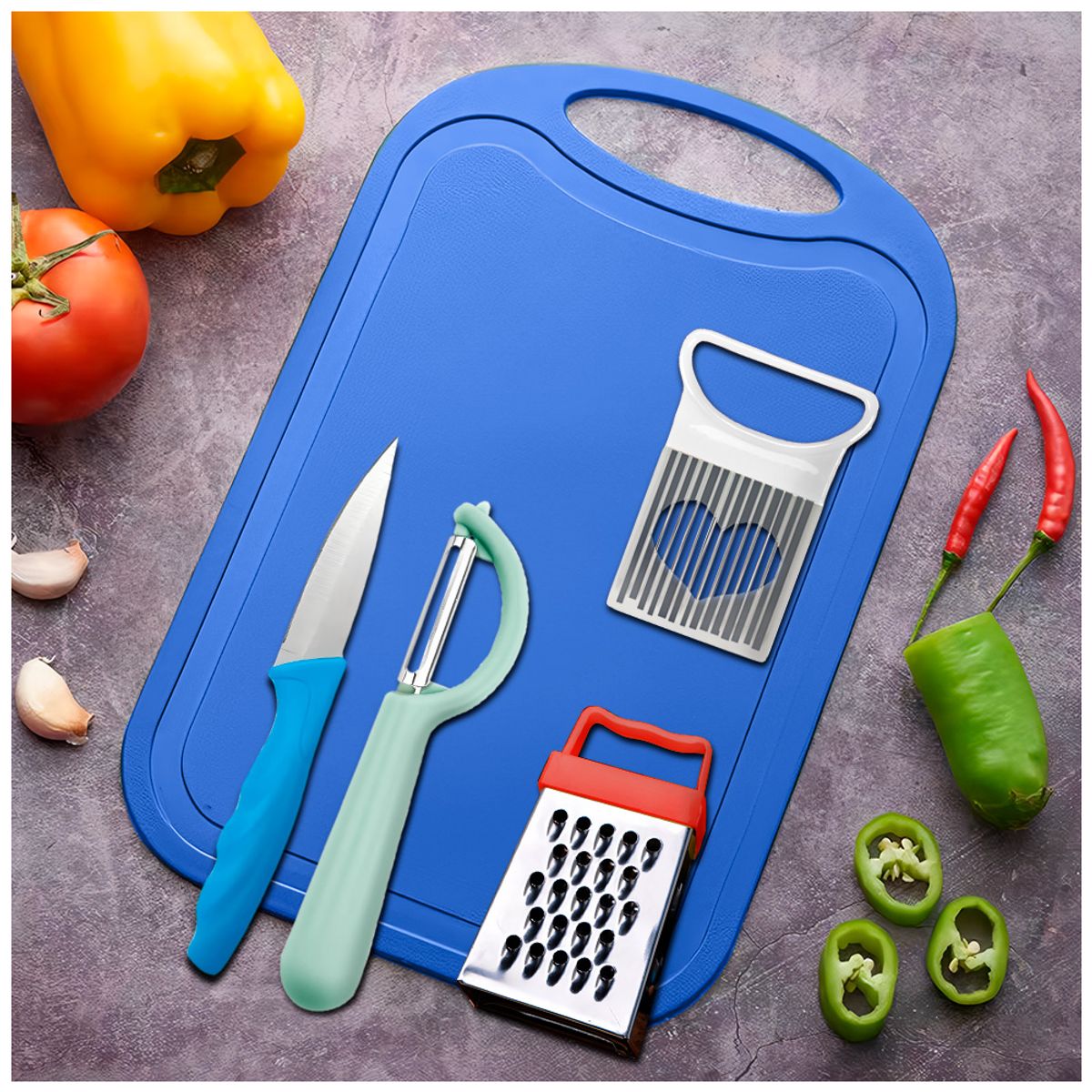 KELLER - Set Tabla de Picar con Rallador Pelador 5 Accesorios A60 Azul