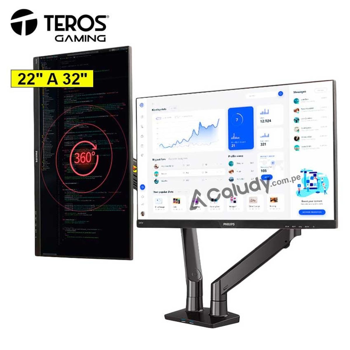 TEROS - Brazo Soporte para 2 monitores Teros TE7114 de 22" a 32"