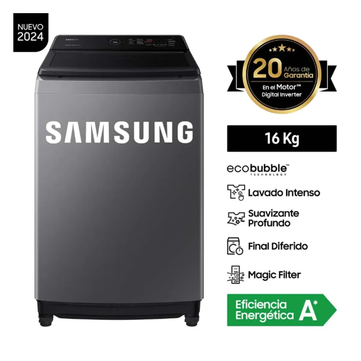 SAMSUNG - LAVADORA SAMSUNG ECOBUBBLE CARGA SUPERIOR 16KG WA16CG6441BDPE - GRIS OSCURO