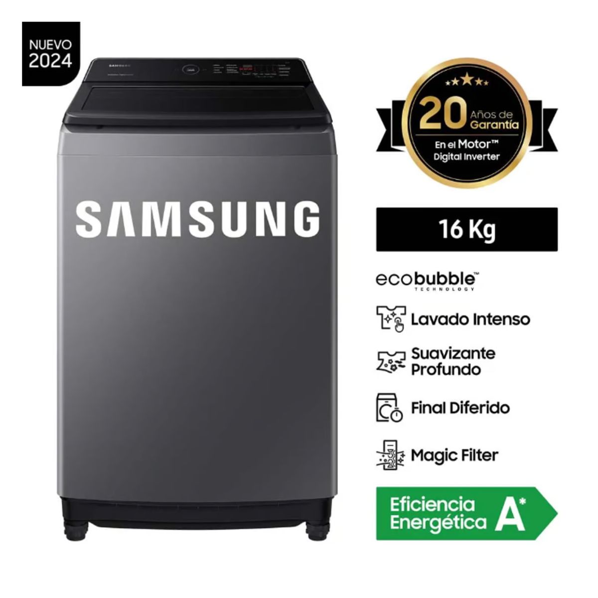 SAMSUNG - LAVADORA SAMSUNG ECOBUBBLE CARGA SUPERIOR 16KG WA16CG6441BDPE - GRIS OSCURO