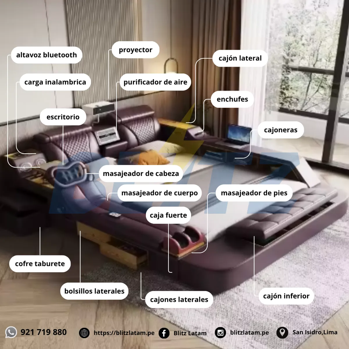 BLITZ - Cama Multifuncional Proyector Silla Masaje Eléctrica Parlantes