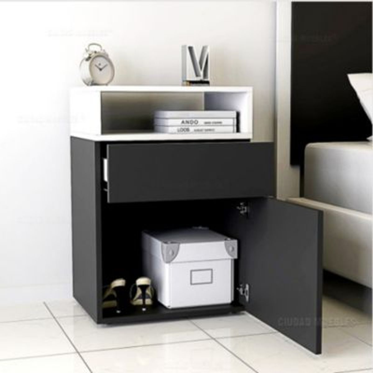 GENERICO - Velador Moderno Saúl Negro 1 Cajón 1 Puerta R&R MUEBLES