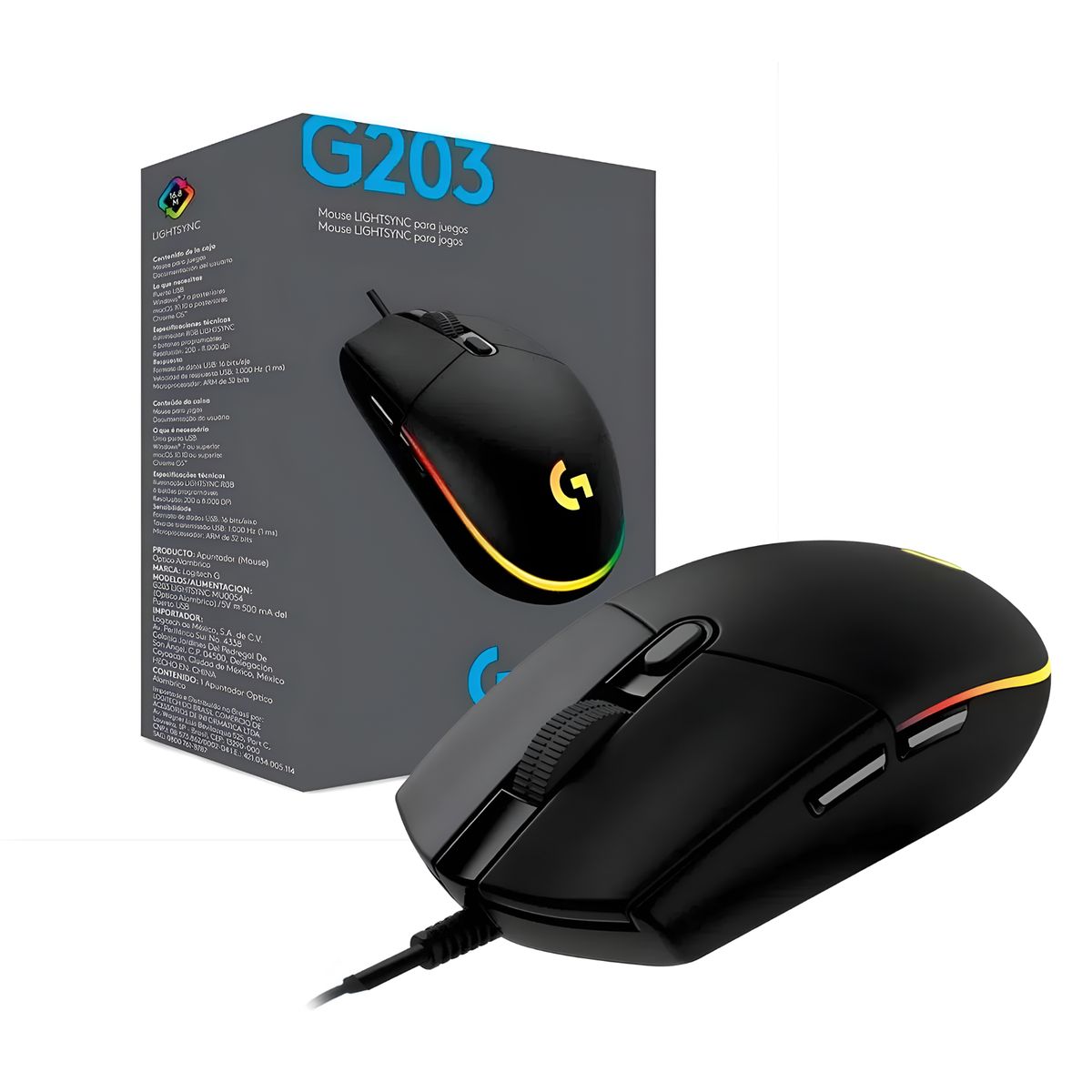 LOGITECH - Mouse Gamer G203 Lightsync 8000 Dpi Negro