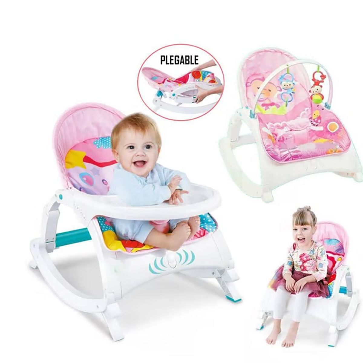 IDEAL - Silla de comer mecedora 3 en 1 con vibrador blanco rosado