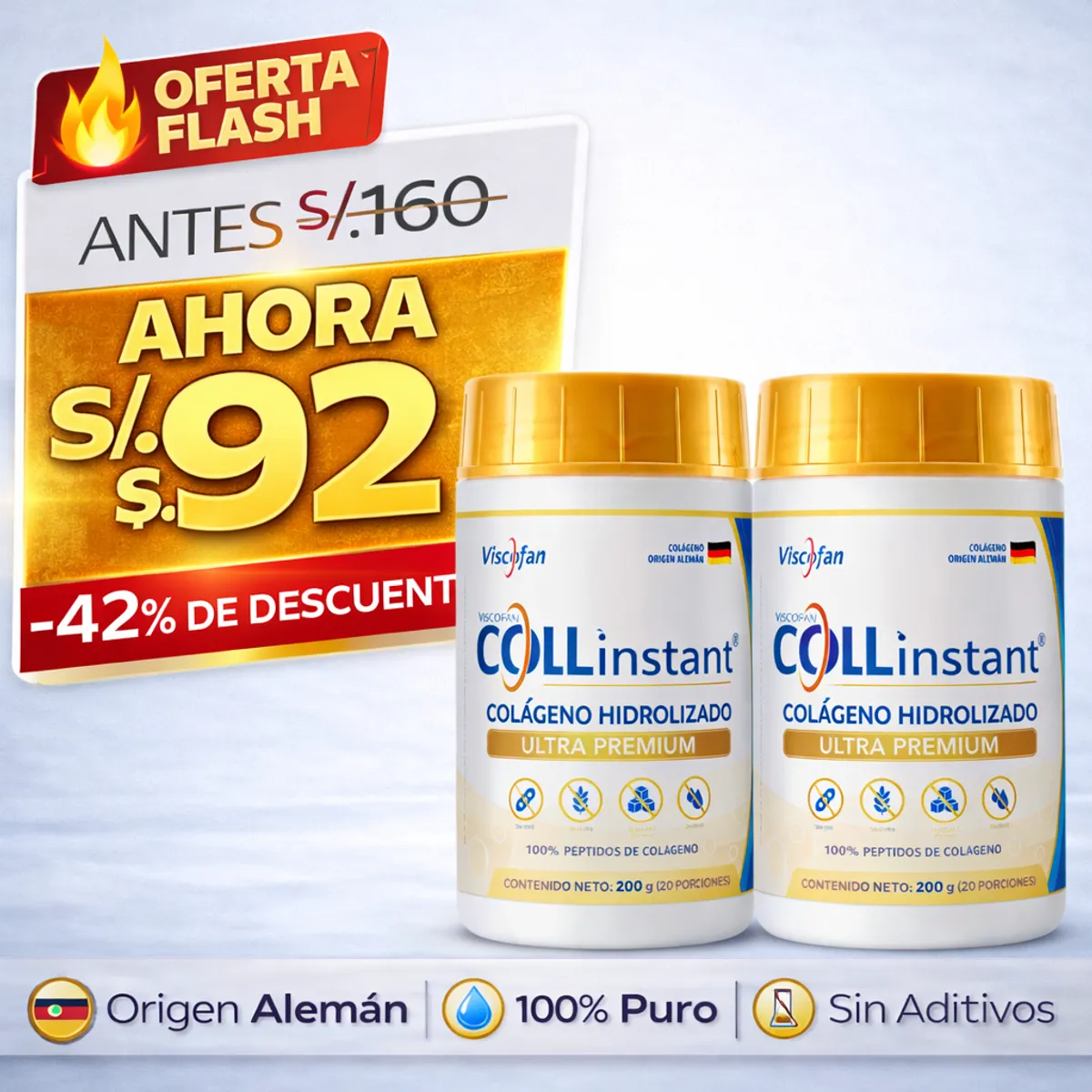 VISCOFAN COLLINSTANT - Colágeno Hidrolizado Alemán Ultra Premium 200g x 2 con Péptidos Bioactivos COLLinstant Viscofan 100% Puro