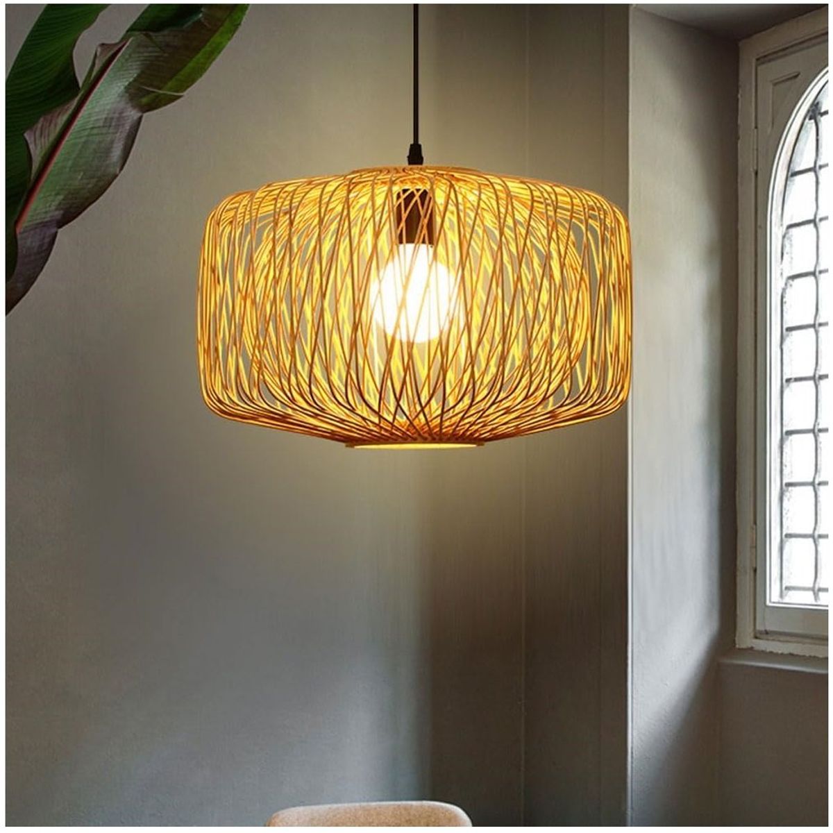 GENERICO - Lámpara de araña de mimbre tejido natural incluye bombilla