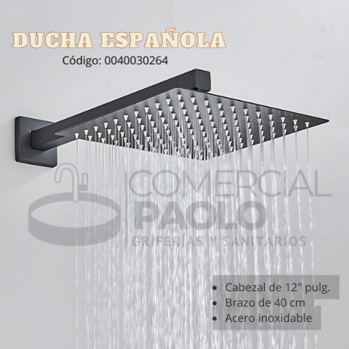 XM - DUCHA ESPAÑOLA ACERO CUADRADO NEGRO 12 PULG SUS303001