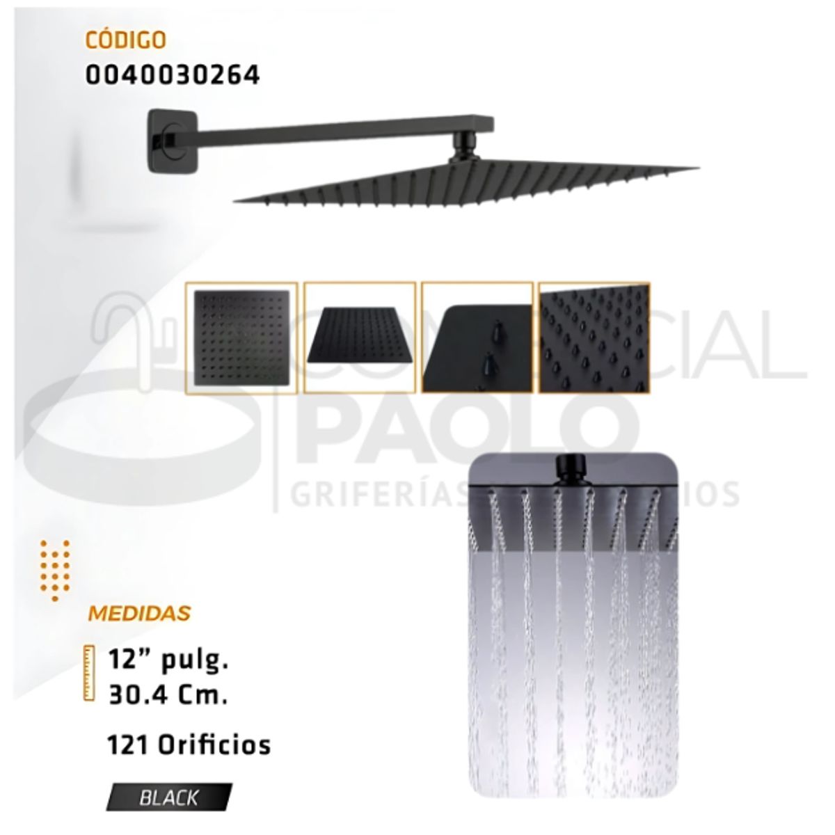 FRATELLI - DUCHA ESPAÑOLA ACERO CUADRADO NEGRO DE 12 PULGADAS