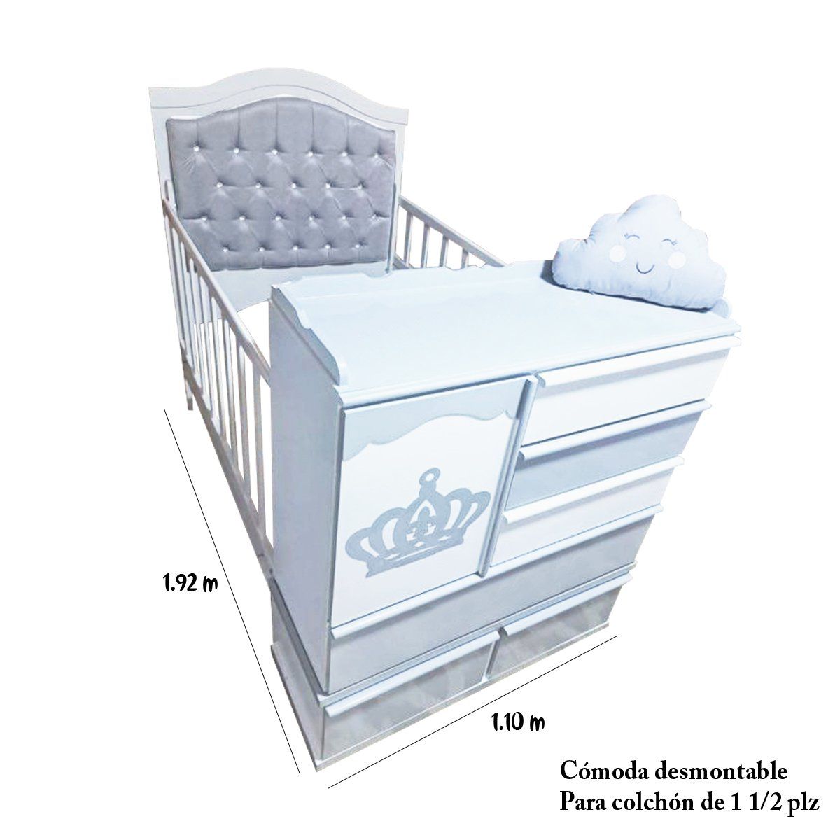 GENERICO - cama cuna de plaza y media con comoda desmontable gris