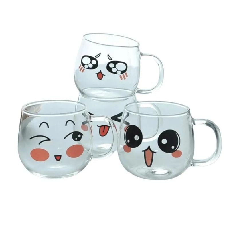 GENERICO - SET DE 4 TAZAS DE TE DE VIDRIO  CON CARITAS