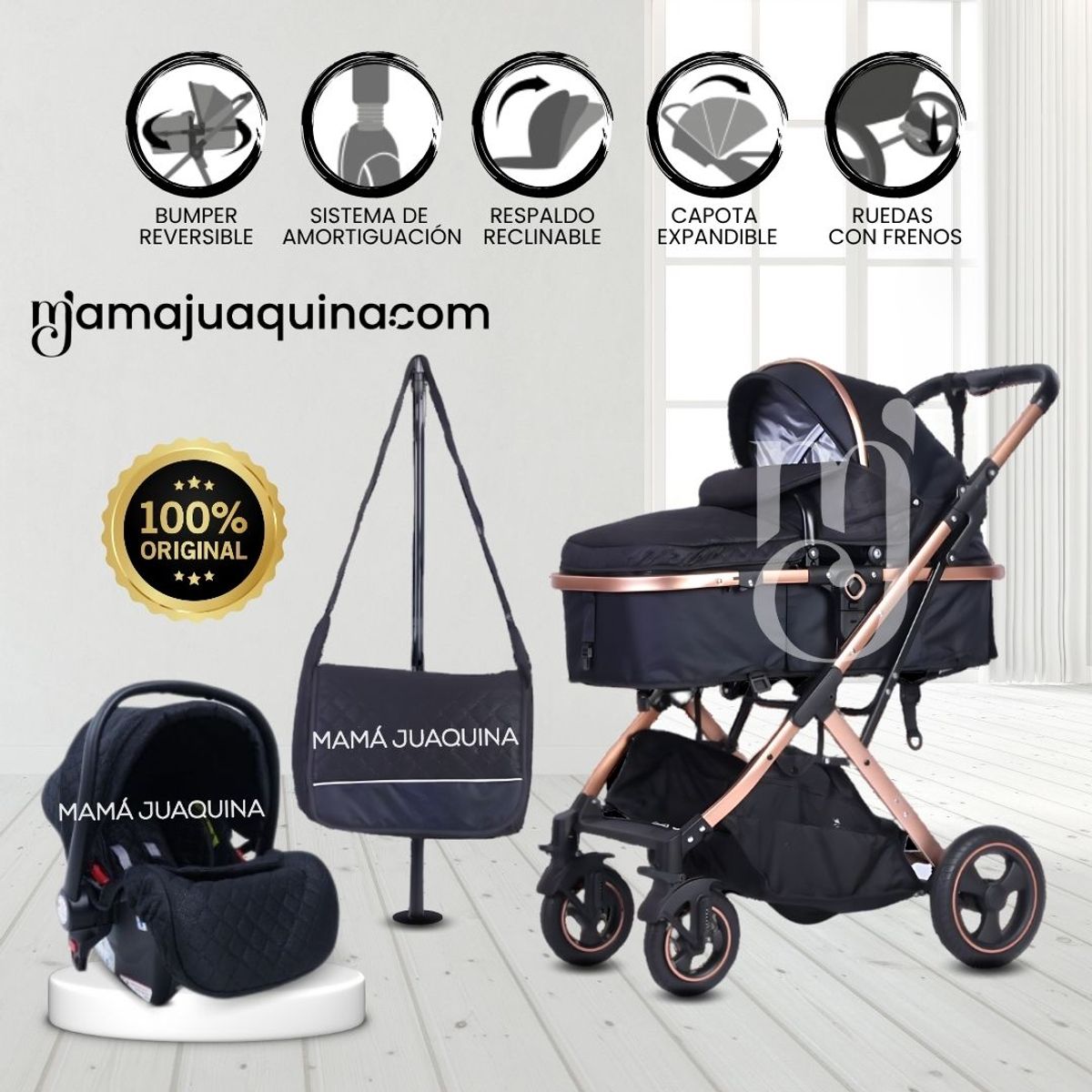 BABY - Coche Moisés 4 en 1 «EKATER» con Portabebé Black
