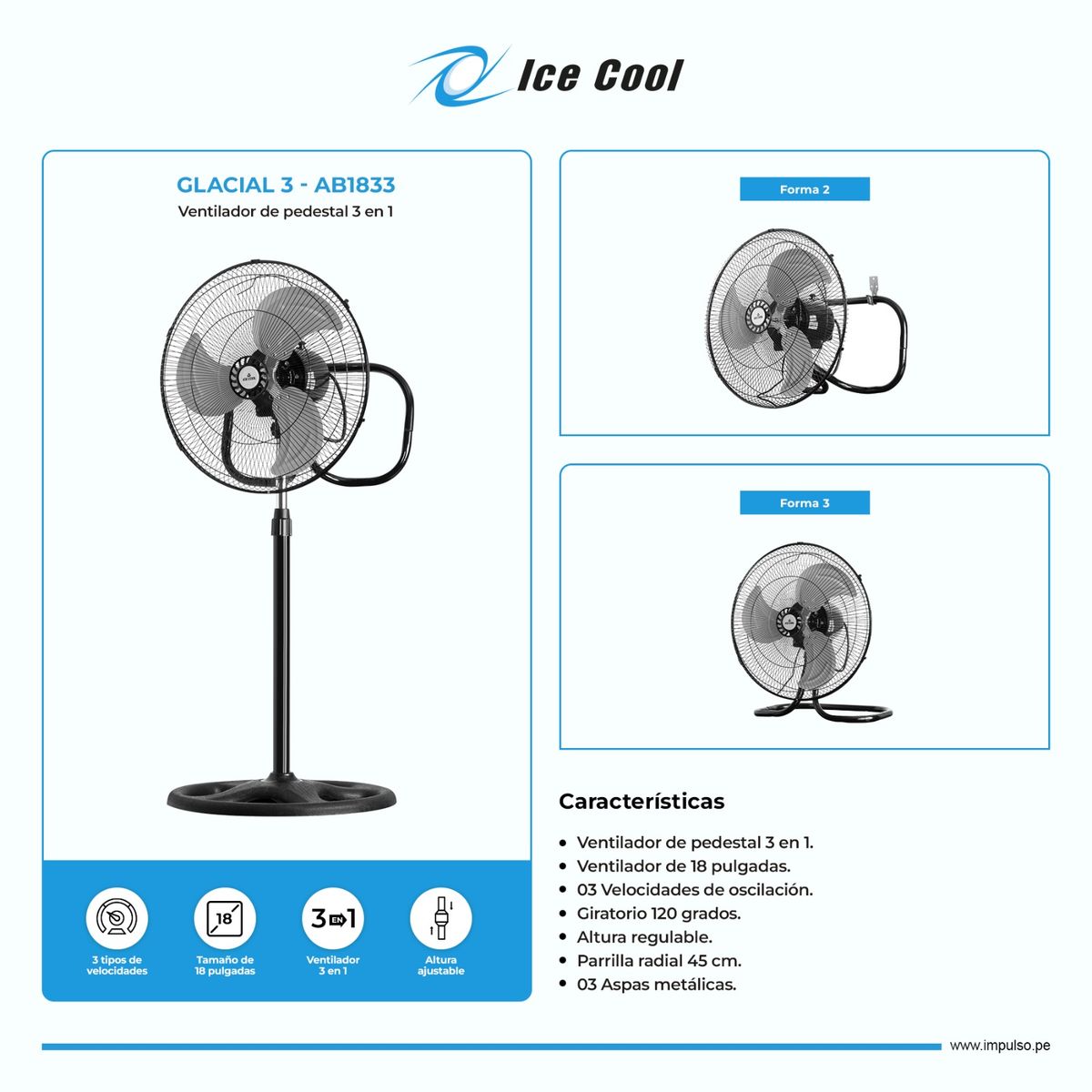 GENERICO - Ventilador ICE COOL FWS45B 3 Aspas 3 EN 1 Pedestal - Mesa - Pared