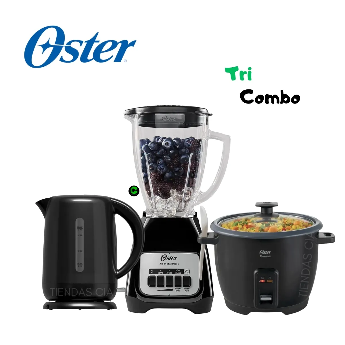 OSTER - Tri-combo licuadora 1.5 L + Hervidor y Olla Arrocera CKSTRCB10DFBLK