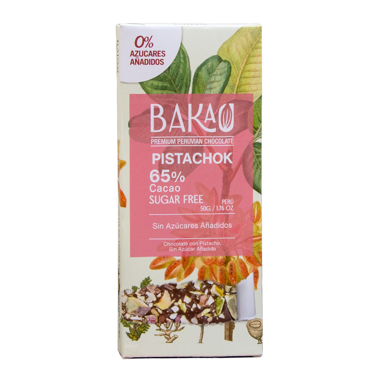 BAKAU - Chocolate con Pistacho Sin Azúcar Bakáu 65% Cacao x 50g