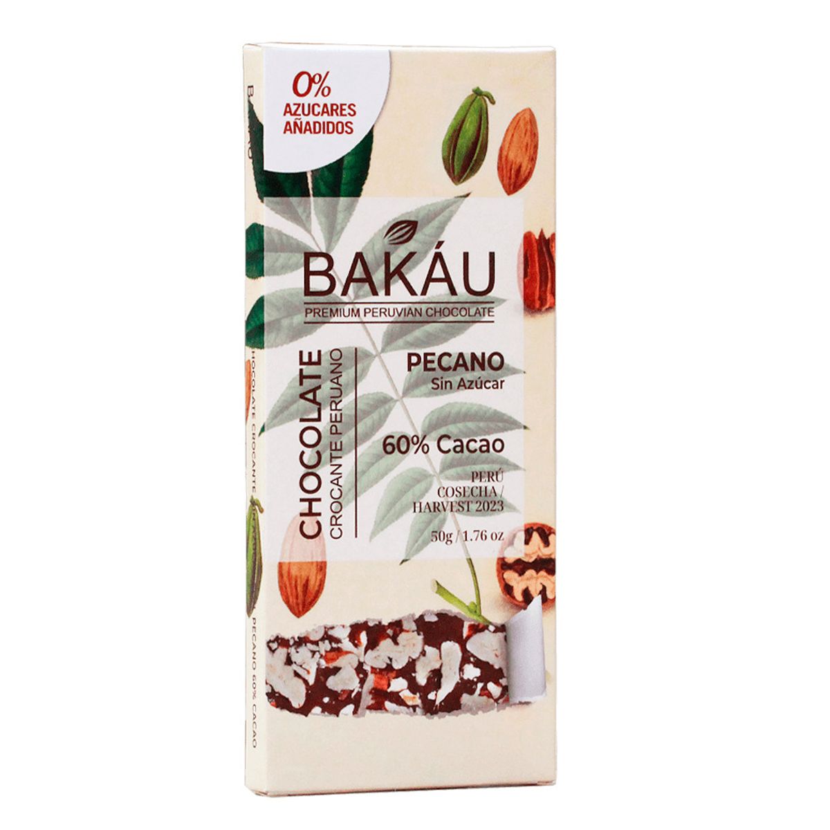BAKAU - Chocolate con Pecana Sin Azúcar Bakáu 60% Cacao x 50g