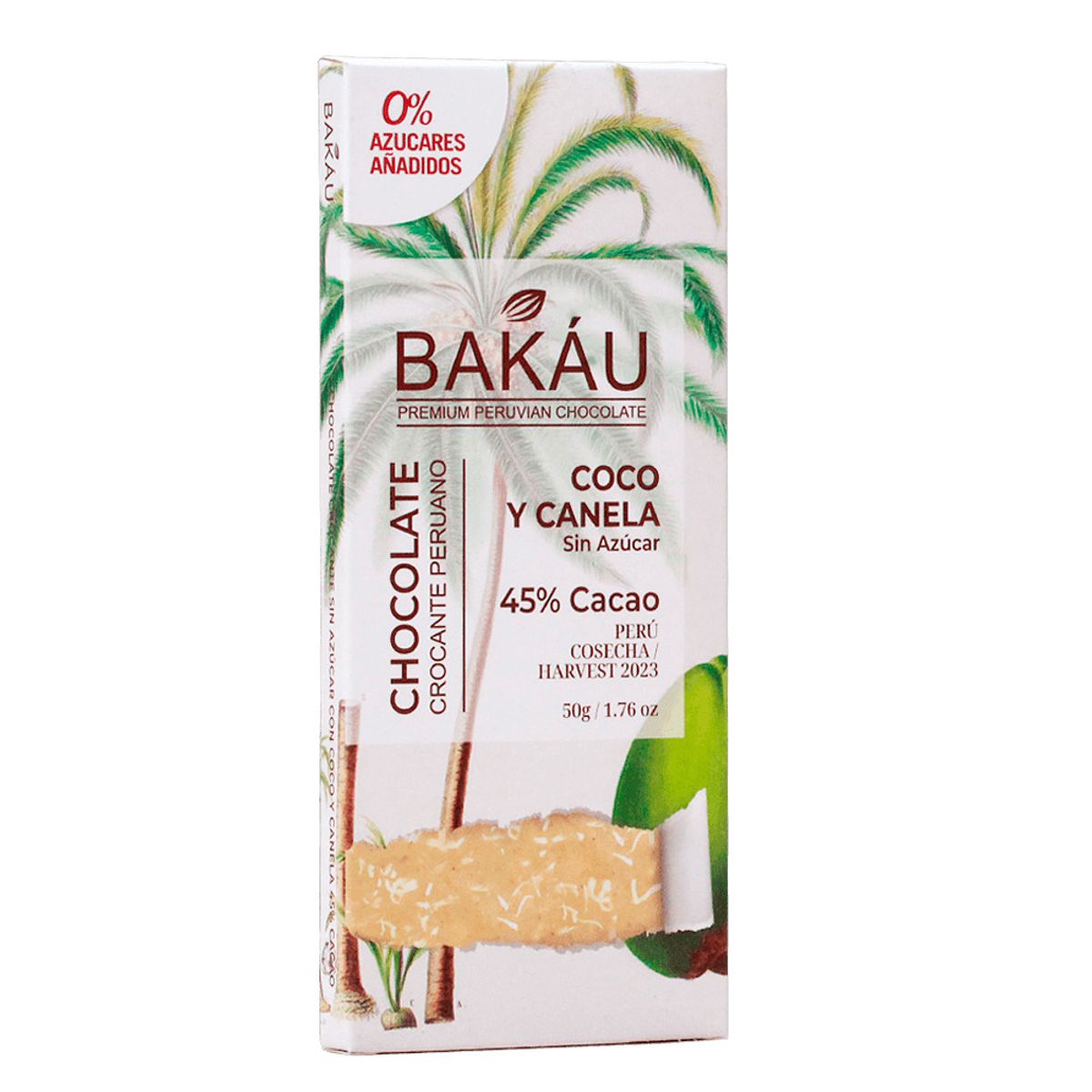 BAKAU - Chocolate con Coco y Canela Sin Azúcar Bakáu 45% Cacao x 50g