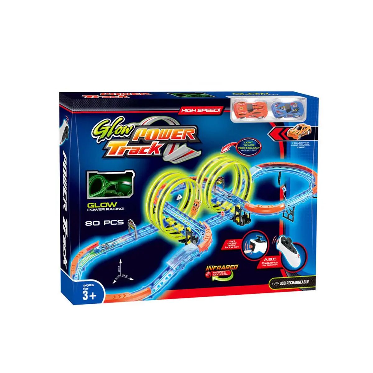 GENERICO - Pista Tengleader 80 piezas con 2 carritos y rieles neon