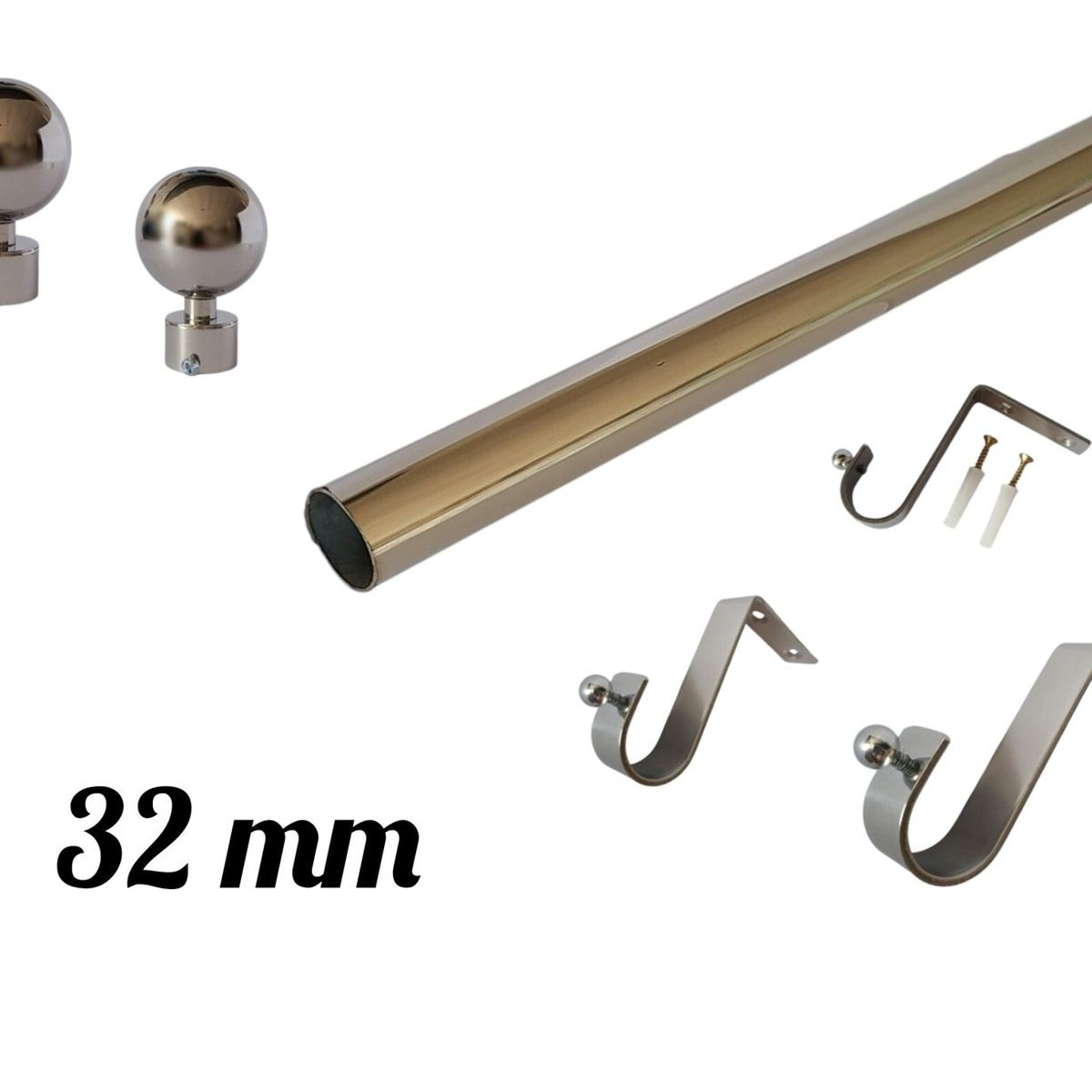 GENERICO - Pack Cortinero de Acero con Bola de 3.00 MTS 11/4" - 32 MM